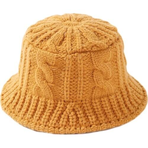 Women Winter Chunky Braided Cable Knitted Dome Bucket Hat Solid Color Twist Striped Short Brim Packable Fisherman Cap