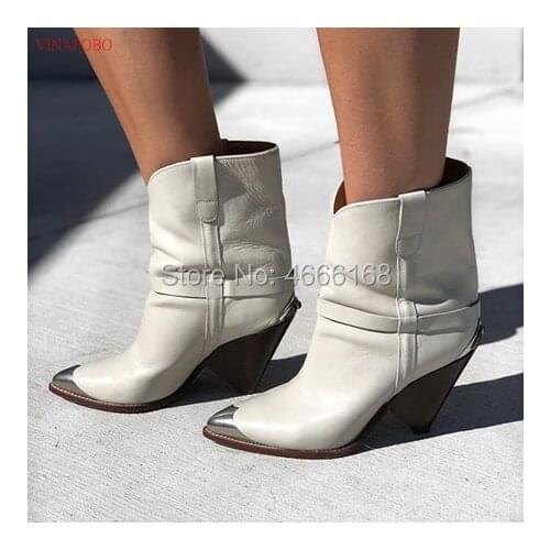 2019 Winter Metal Pointed Toe Boots Spike High Heels Women Ankle Boots White/Red Leather Booties Fashion Mujer Designer Shoes