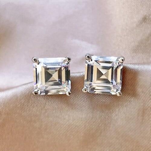 Fine Jewelry 925 Silver Simple 7*7 Pagoda Car Flat Imitation SONA Stone Four-claw Inlaid Woman Earrings Wedding Jewelry