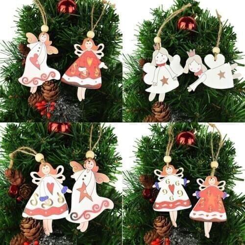 2pcs Christmas Wooden Pendants Cute Angel Wood Crafts Christmas Tree Hanging Decor For New Year Xmas Party Home Ornament Navidad