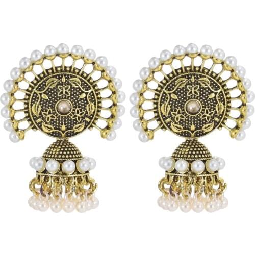 2021 Womens Gold Silver-color Carved Bells Earrings Bijoux Vintage Bohemia Pearl Beaded Tassel Earrings Ethnic Tribe Indian Jew