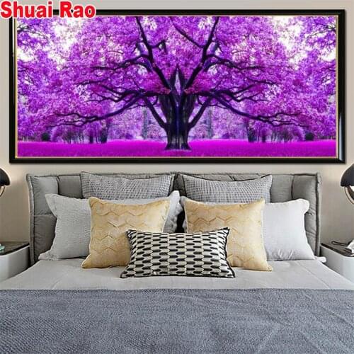 Large 5D DIY Diamond Painting Purple Cherry Tree scenery Embroidery full square Round Diamond Cross Stitch Living Room Decor