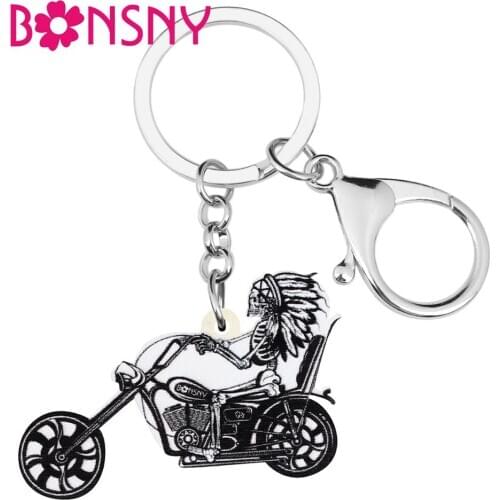 Bonsny Acrylic Halloween Motorcycle Skull Skeleton Keychains Key Ring Jewelry Gift For Women Kids Handbag Purse Charm Decoration