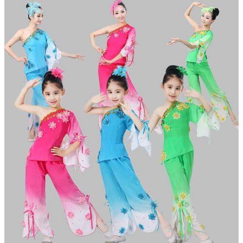 Children Chinese National Dance Costume Women Girl Yangko Dance Costume Chinese Fan Umbrella Dance Clothing for Stage 89