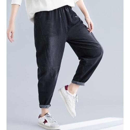 Autumn New Arts Style Women Elastic Waist Loose vintage Black Jeans All-matched Casual Cotton Denim Harem Pants Big Size
