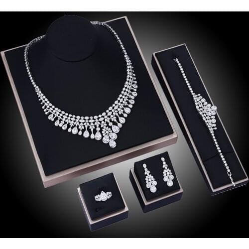 EYER Water Drop Wedding Necklace Earrings Bracelet Ring Sets for Women Full Cubic Zirconia Bridal Jewelry Sets pendientes mujer