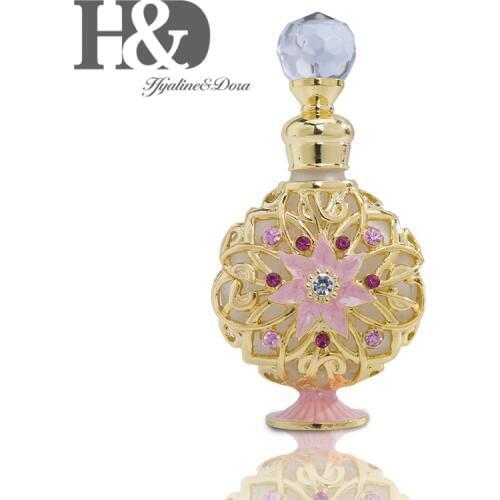 H&D 10ml Empty Crystal Glass Perfume Bottle Rhinestones Bejeweled Hand Painted Refillable Decorative Bottles with Flat Body