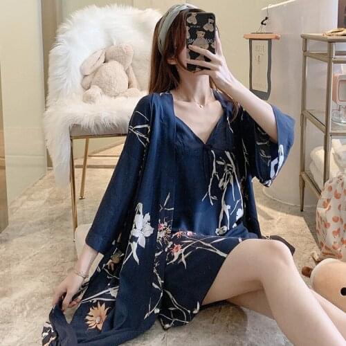 Japanese Kimono Woman Pajamas Sleepwear Set 2 Pieces Sling Robe Flower Print Large Size Viscous Soft Nightdress Ladies Homewear