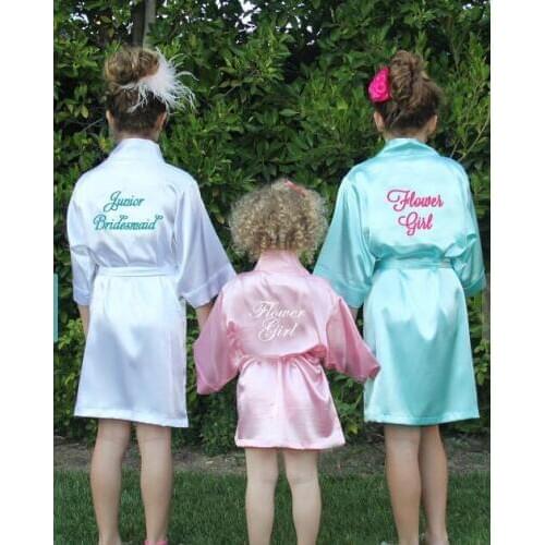 Personalized Flower Girl printed wedding Bachelorette Bridesmaid bride satin pajamas robes kimonos gifts party decorations