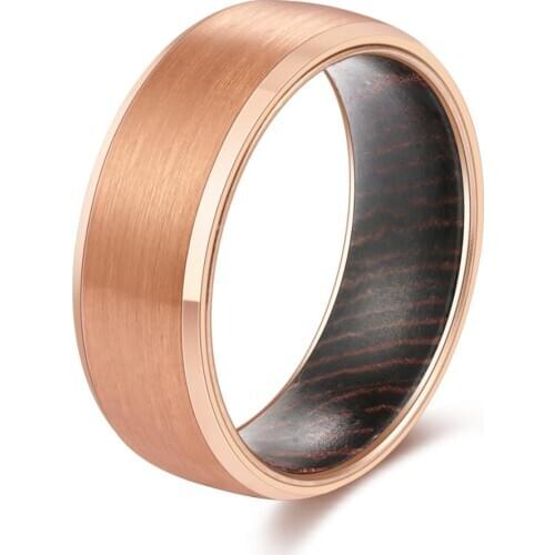 100% Natural 8mm Width Wood Rings for Man Rose Gold Tungsten Carbide Rngagement Band Inlay Wenge Wood Brushed Finishing 6-13