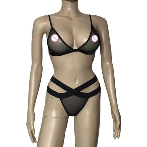 Women Sexy Lingerie Set Sheer Mesh Bikini Bra Top and Panties Bra Sets See-through Crotch Briefs Erotic Underwear Set