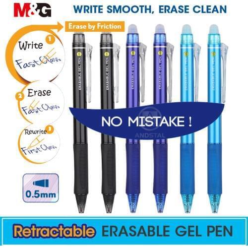 M&G 12pcs/lot Retractable Erasable Pen 0.5mm Black Crystal Blue ink erase eraser refills Gel Pens refill for school office