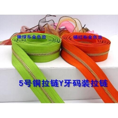 Metal5#/5meters zip+5pcs pullers/fruit green orange brass close end for bags garment shoes/DIY accessories free shipping