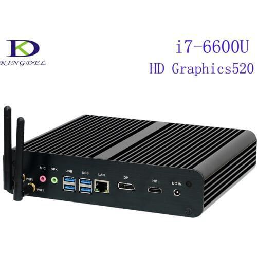 Fanless Mini Industrial PC 4K NUC Intel SKYLAKE CPU 6th Gen i7-6600U 6500U DP+HDMI 4*USB 3.0 SD Card Slot Metal Case Windows 10