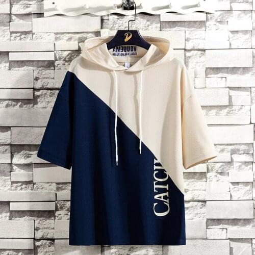 Mens short sleeve T-shirt hooded loose stitched medium sleeve casual top in Europe and America in summer