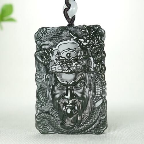 Natural A hetian jade guan gong handcarved dragon black jade green jade pendant jade necklace unique jadeite jade jewelry