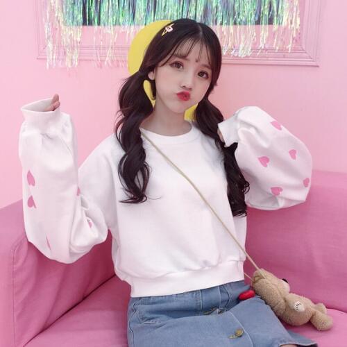 Autumn New Sweatshirt Womens Korean Version Of The Fresh Student Loose Thin Lap Top Short Love Print Sweatshirts Blouse