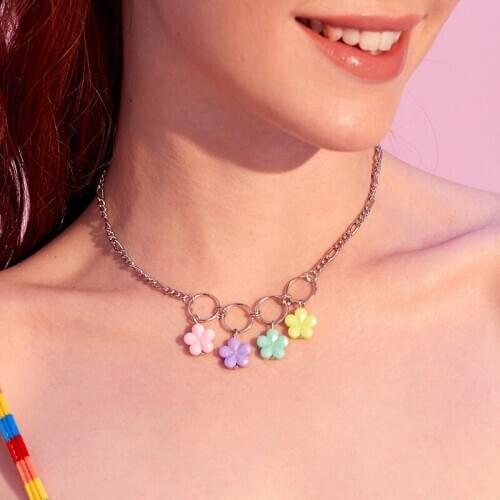 New Harajuku Macarons flowers Stainless Steel Pendant Necklace Cute Candy Color Choker for Women Girl Cool Party Jewelry Gift