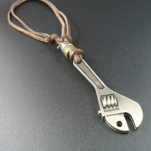 New Arrival Casual Fashion Long Brown Genuine Leather Vintage Wrench Pendants Necklaces For Women Men Jewelry Wholesale