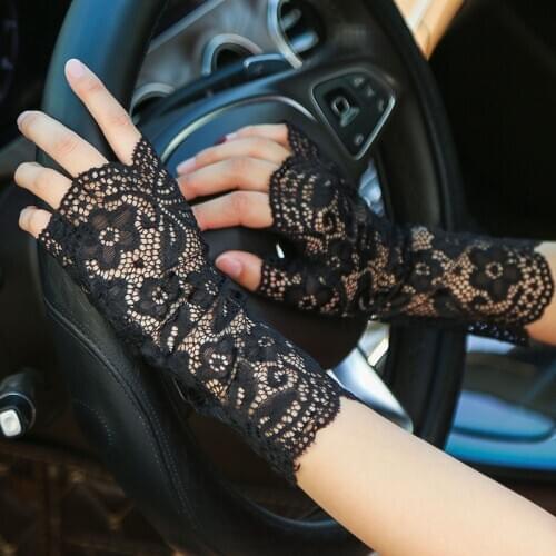Fashion Sexy Summer Female Half Finger Sunscreen Short Lace Gloves Women Driving Rose Flower Pattern Fingerless Sun Gloves J59