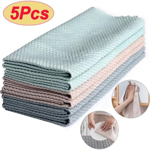 3/5Pcs Fish Scale Microfiber Towels Efficient Absorbent Dish Window Glass Cleaning Cloth Kitchen Anti-grease Wiping Rags