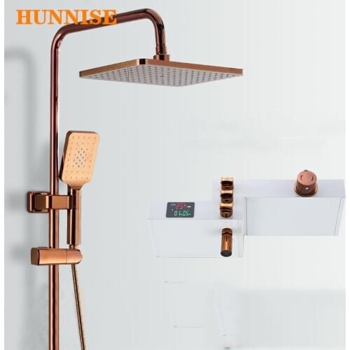 Rose Gold Shower Set HUNNISE Thermostatic Bathroom Shower System Rainfall Shower Head Rose Gold Digital Bathroom Shower Set