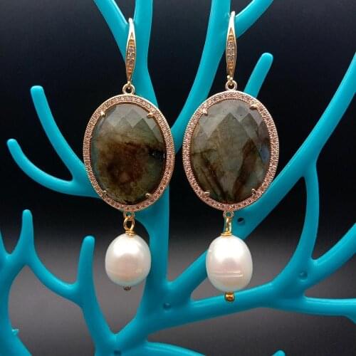 Y·YING Freshwater Cultured White Rice Pearl Natural Oval Shape Labradorite Cubic Zirconia Pave Hook Dangle Earrings