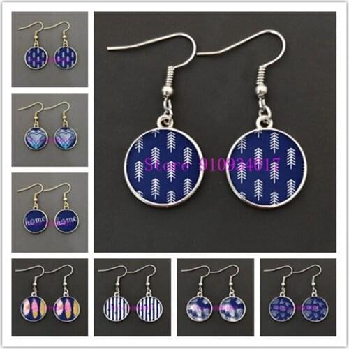 Blue and white geometric flower pattern earrings round glass cabochons DIY handmade girl party decoration earrings