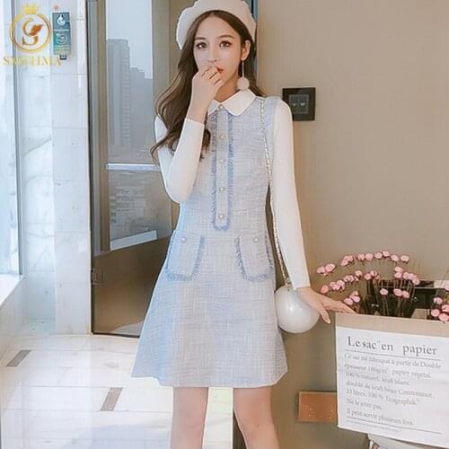 SMTHMA 2021 New Autumn Lapel Long-Sleeved Sweet Tweed Woolen Dress Female Slim Waist Single Breasted Tassel Dress Vestidos