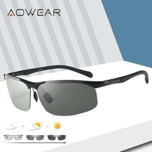 AOWEAR Sports Rimless Photochromic Sunglasses Men Polarized Day Night Chameleon Glasses Outdoor Lens Color Change Sun Glasses