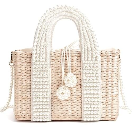 Bali Vacation Women Bag with Pearl Hand Bags Ladies Large Straw Basket Tote Crossbody Messenger for Women Bags