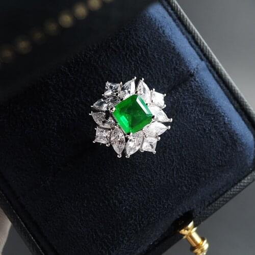 Charms 100% 925 Sterling Flower Shape Emerald Square Cut 8*12MM Gemstone Rings For Women Fine Fashion Jewelry