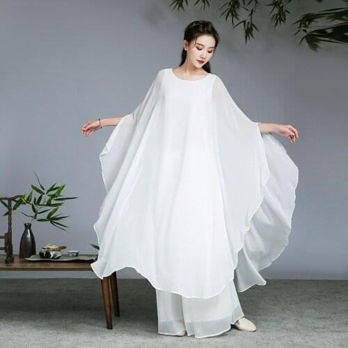 Three Layers Large Swinging Chiffon Tea Suit Zen Suit Wide Leg Pants Set Buddhist Meditation National Style Dance Dress Girl