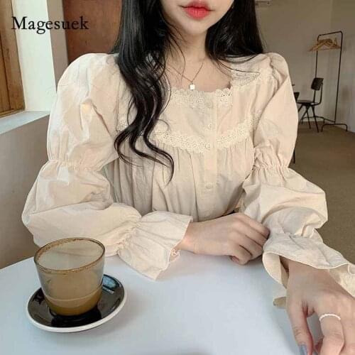 Long Sleeve Women Blouse 2021 Autumn Vintage Woman Shirts Lace Blouse Stitching Solid Chic Cardigan Korean Clothes Blusas 10955