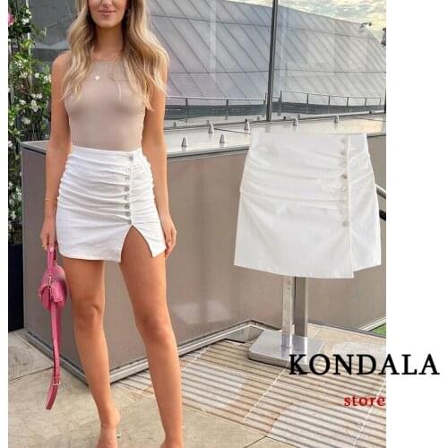 KONDALA Za 2021 Women Chic White Pleated Mini Skirts High Waist Side Split Button Sheath Skirts Stylish Mujer Faldas