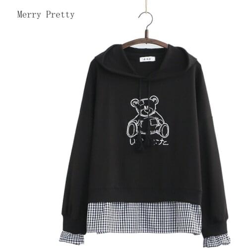 Harajuku Cartoon Bear Print Patchwork Hoodies And Sweatshirt Women 2021 Summer New Full Sleeve O-neck Sweet Style Cotton Top