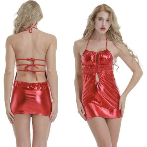 Women Sexy Glossy Faux Leather Jumpsuit Dress Female Bodysuit Erotic Latex Backless Catsuit Bandage Leotard Bodycon Skirt Sexi