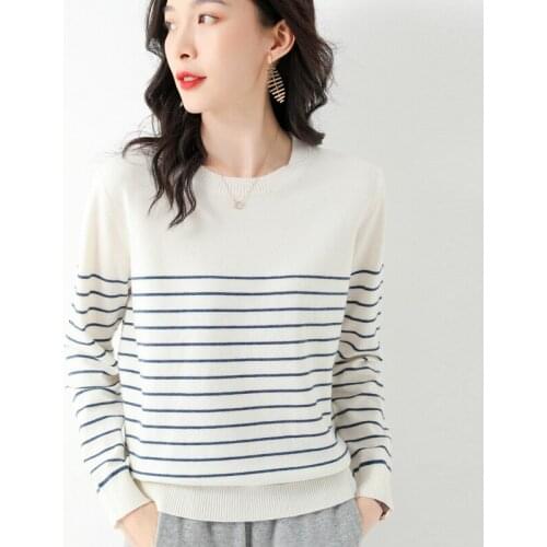 Striped Round Neck Knitted Pullover Womens 2021 Autumn And Winter New Wild Plus Size Loose Lazy Wind Long-Sleeved Bottoming Top