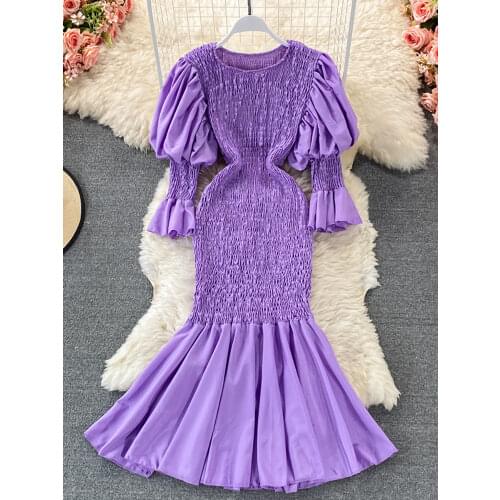 Purple/Red/White Mermaid Dress Women Spring Summer Round Neck Puff Sleeve High Waist Bodycon Vestidos Female Elegant Robe 2021