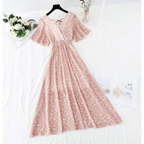 2021 Summer Floral Print Ruffle Dress Women Backless V-neck Sundress Beach Dress Vintage Midi Chiffon Party Dress Robe Mujer