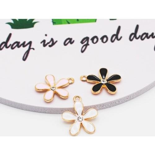 10pcs/lot Fashion Pink Black White Flower Shape With Rhinestone Oil Drop Charm Alloy Metal Pendant for DIYJewelry Making