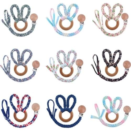 2Pcs/set Newborn Cute Rabbit Ear Wooden Grap Ring Pacifier Clips Set Hand Bell Rattle Nipple Dummy Holder Shower Gift for Babies