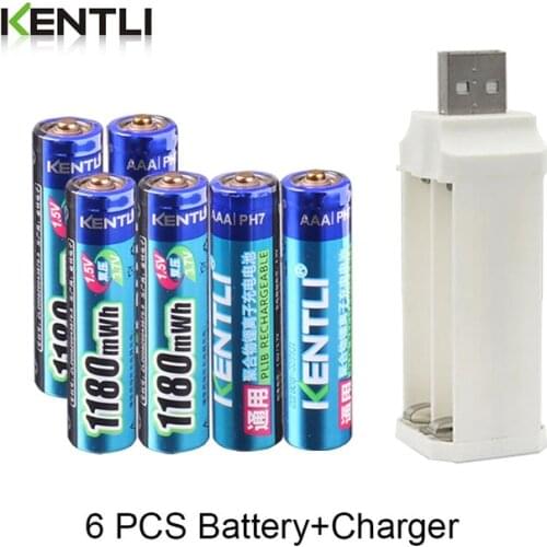 KENTLI 6pcs 1.5v 1180mWh AAA rechargeable Li-polymer li-ion polymer lithium battery +1 USB smart Charger