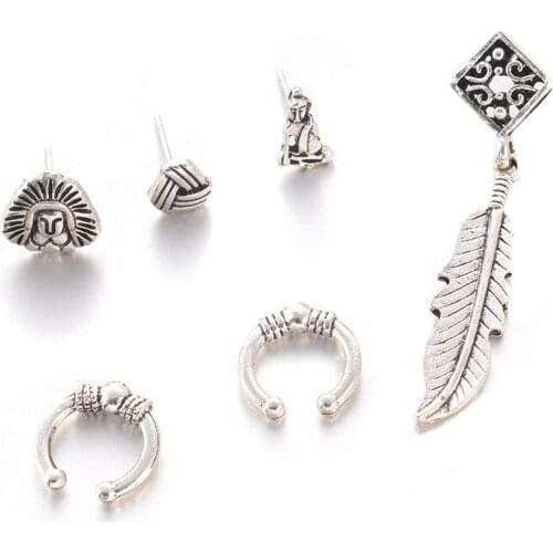 Boho Owl Buddha Feather Hollow Ear Cuff Ear Stud Cartilage Earrings Antique Silver