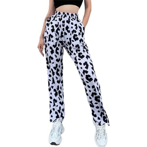 Womens Pants High-Waist Trousers Cow-Skin Pattern Casual Loose Slimming Wear Side Pockets Trousers New Loose Women Street Pants