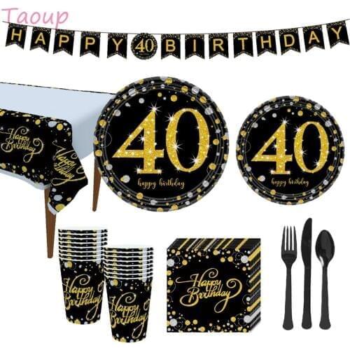 Taoup 40th Birthday Party Tableware Paper Plates Banners Tablecloth Towels Happy 40 Birthday Party Decorations Adults Parents