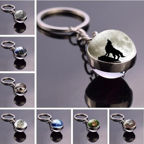 Full Moon Wolf Picture Keychain Glass Ball Keychain Men Women Jewelry Animal Wolf Key Chains Keyring Gifts for Men