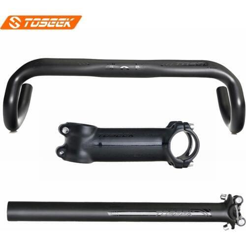TOSEEK Black Matte Carbon Fibe Bicycle Road Handlebar Sets Bike Road Bent Bar Stem Seatpost