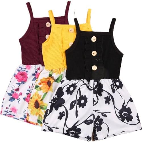 Kids' Flower Bodysuit, Sleeveless Printed Buttoned Patchwork Bodysuit Short Pants for Summer, Kids' Clothes 1-6T