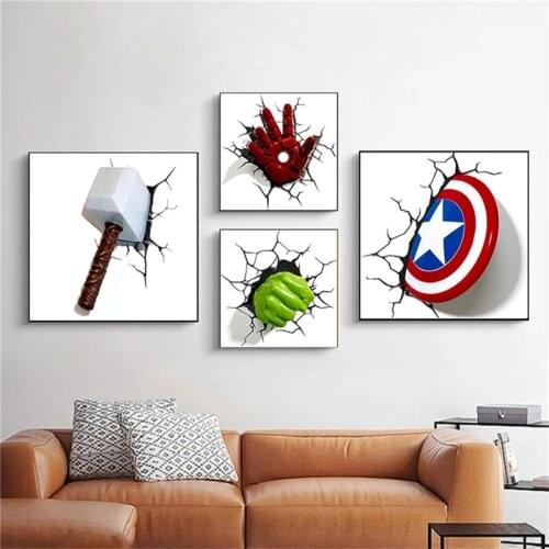 Catoon Marvel Superhero Posters Thor Hammer Captain America Shield Canvas Painting and Prints Wall Art Picture Kids Home Decor